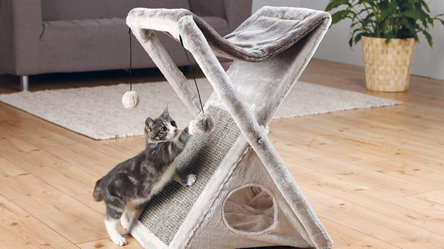 The Trixie Pet Products Fold and Store Cat Tower is a small version of a cat tower that also doubles as a scratching post.